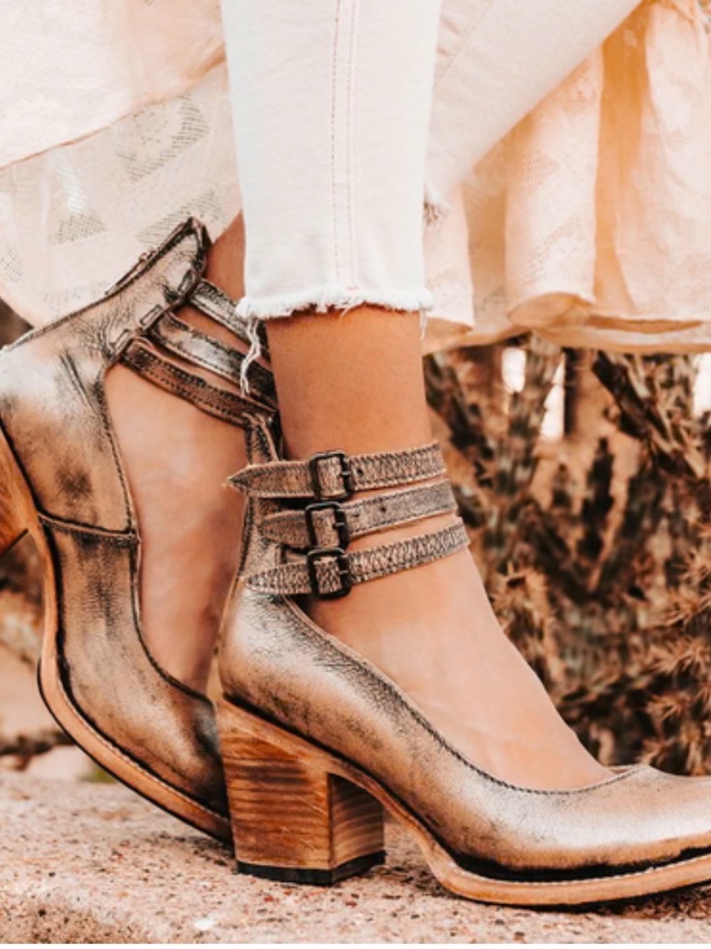 Freebird by Steven Metallic Bronze Triple-Strap Block Heel Boots